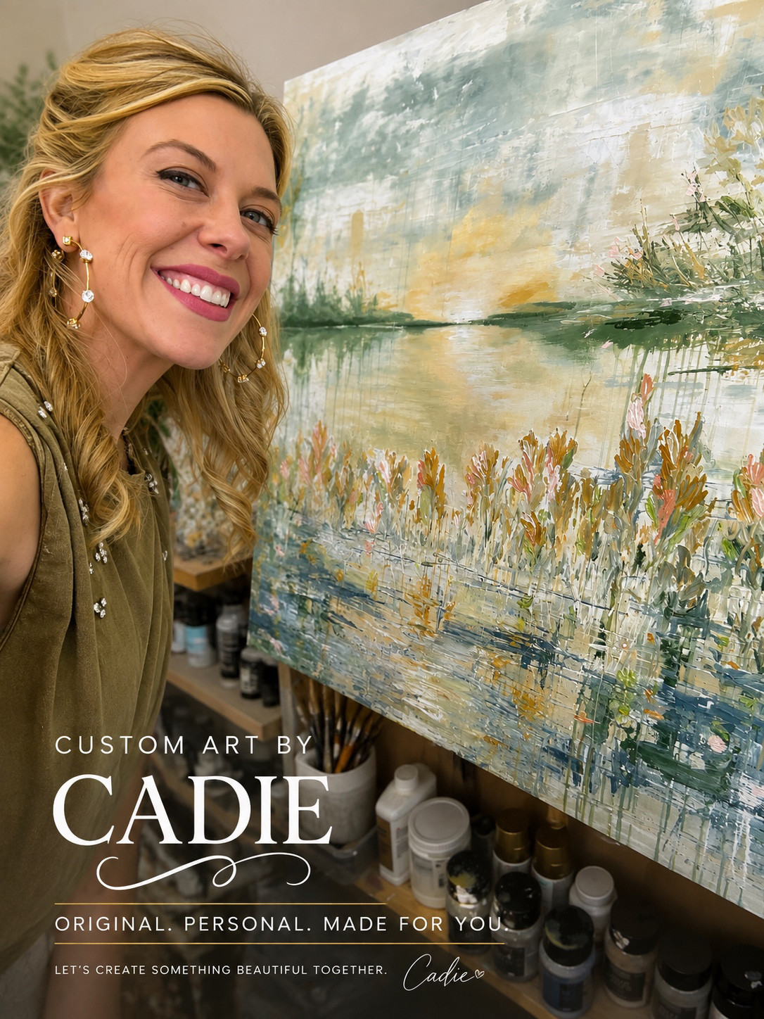 Cadie Calhoun beside an original custom painting