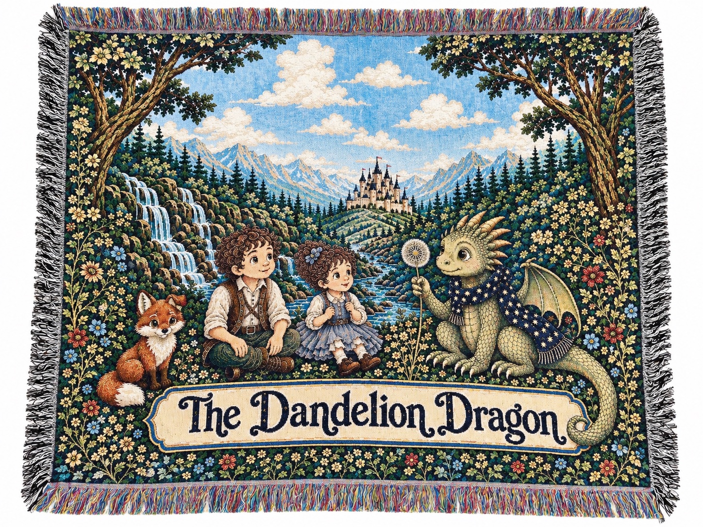 The Dandelion Dragon heirloom woven blanket displayed in full with fringe