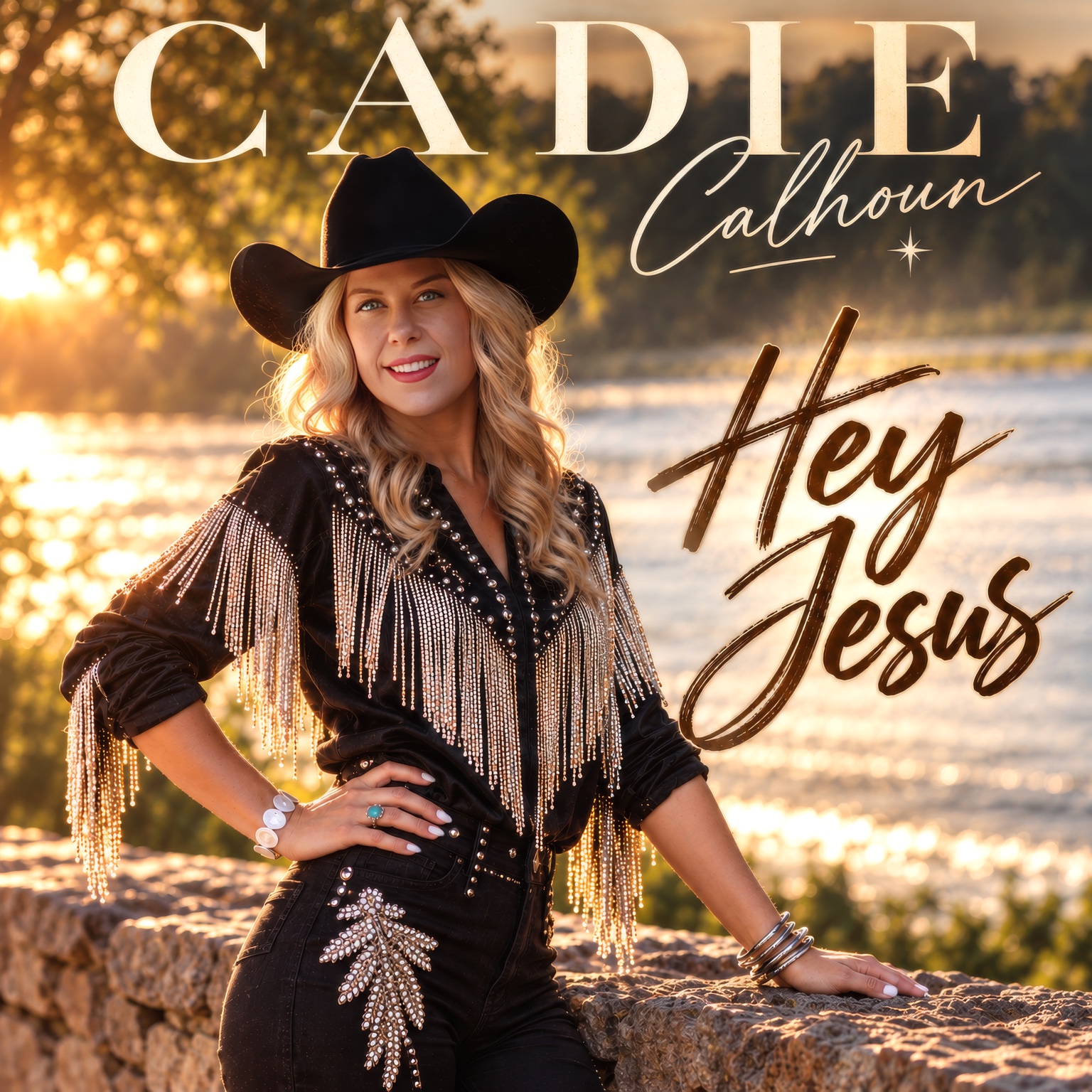 Hey Jesus single artwork featuring CADIE Calhoun beside the river at sunset