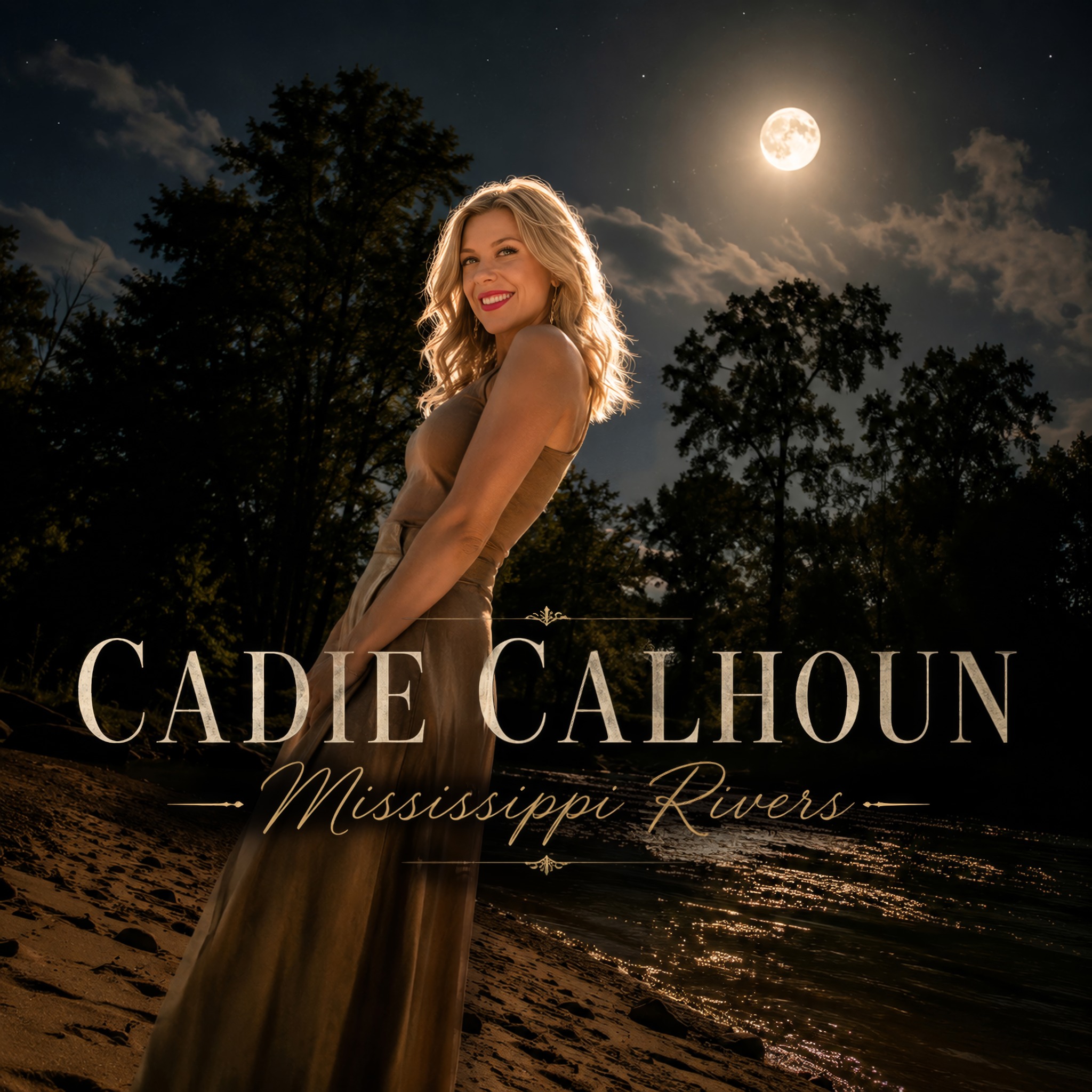 Mississippi Rivers single artwork featuring Cadie Calhoun beside the river under a full moon